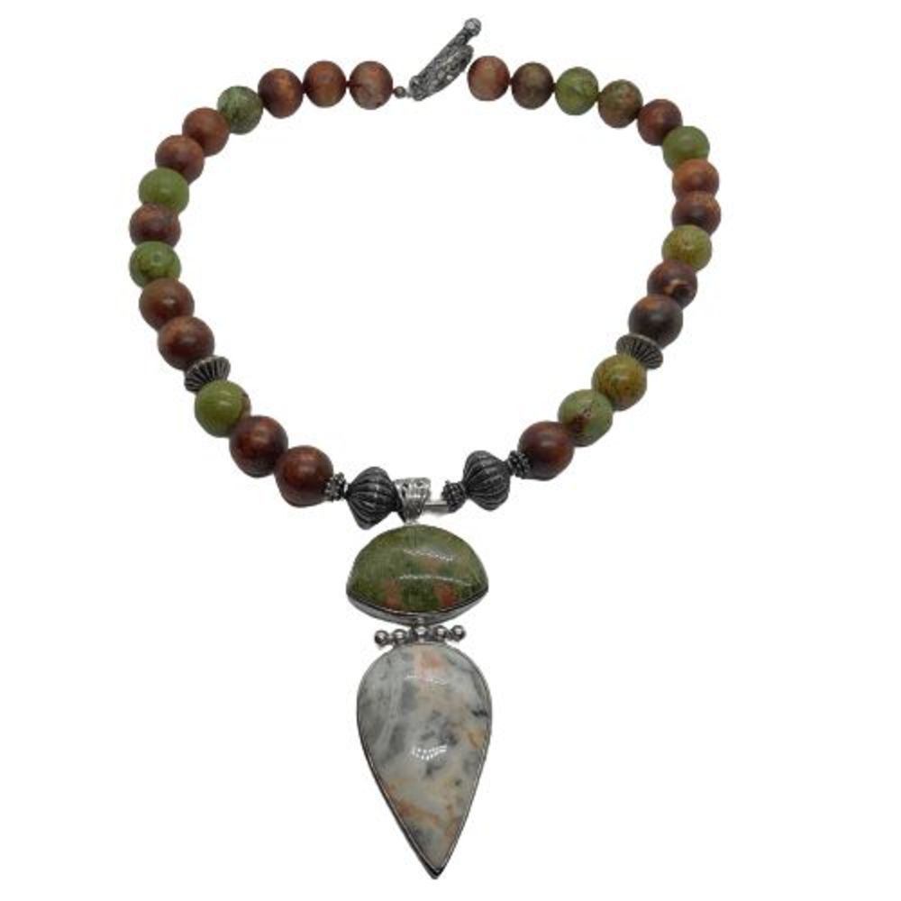 Unique Vintage 18" Heavy Gemstone (Jasper) Beaded Pendant Necklace